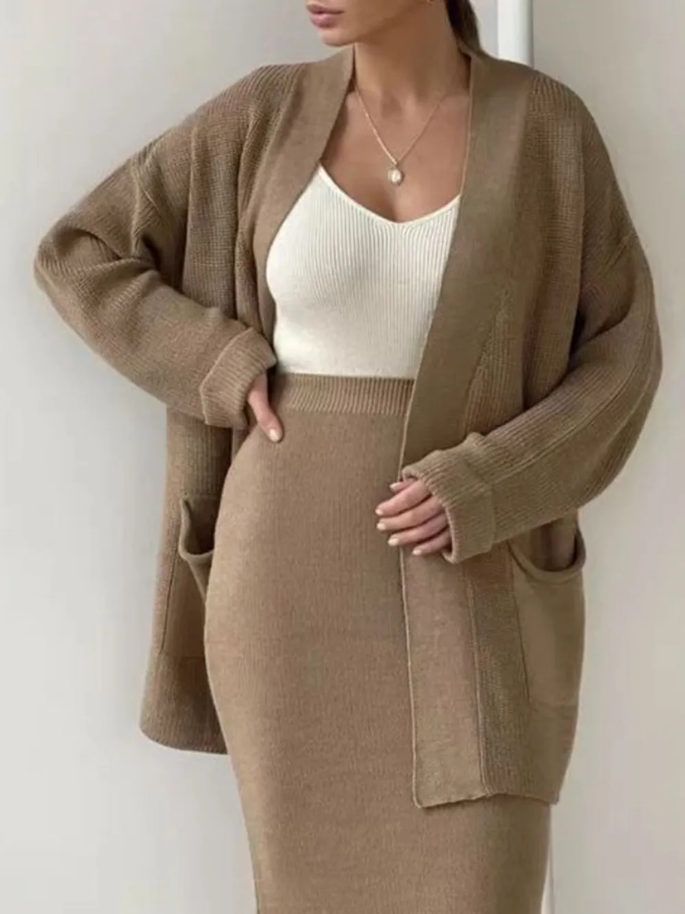 Pocketed Long Sleeve Cardigan and Skirt Sweater Set, image 6