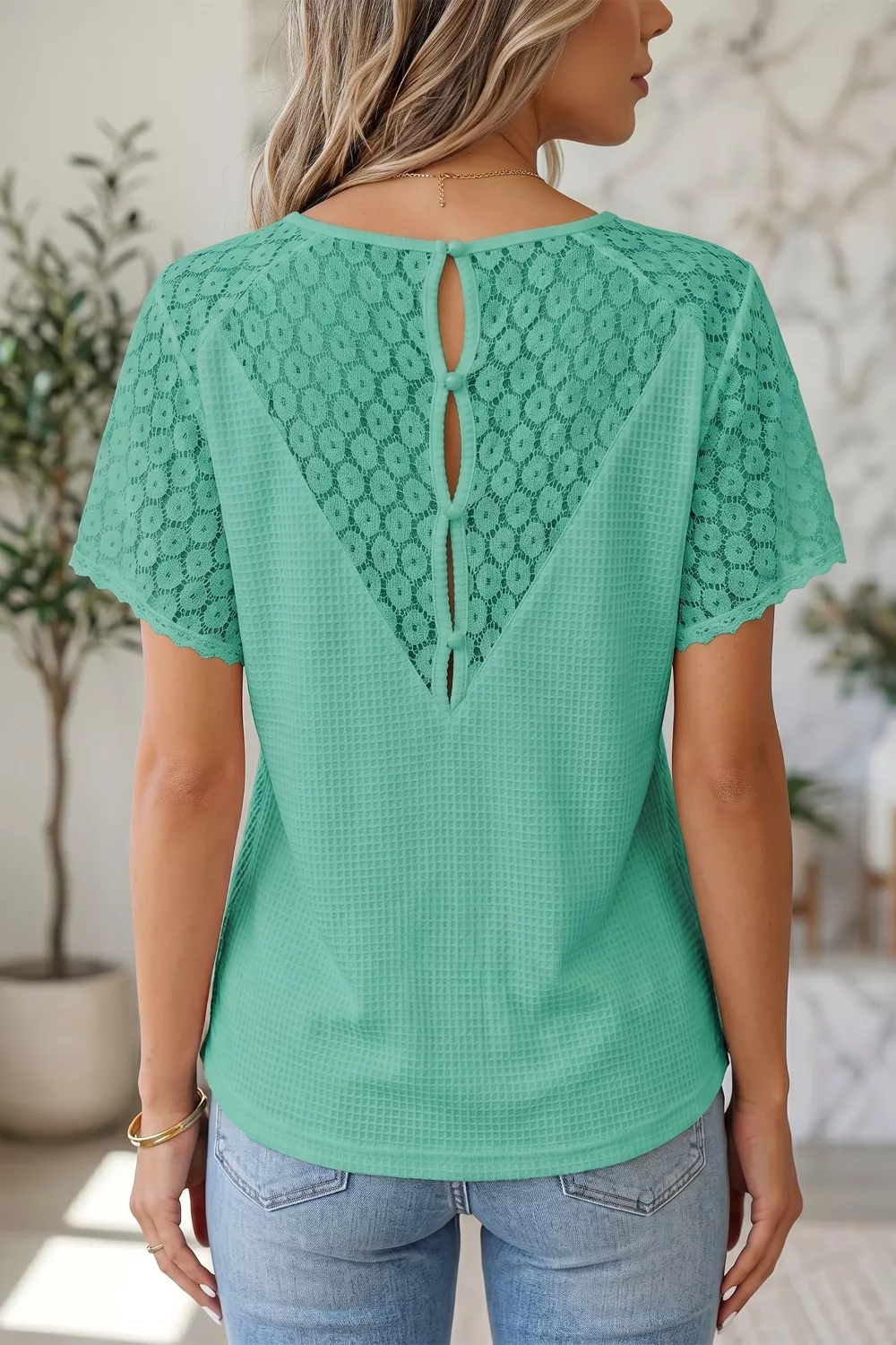 Lace Splicing Button Cutout V Neck Waffle Knit Blouse, image 2