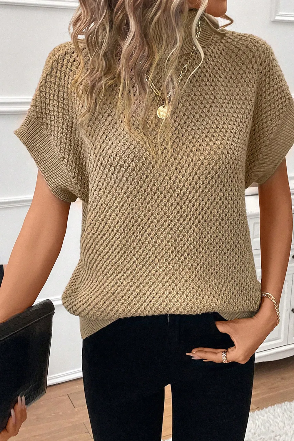 Solid Color Turtleneck Short Sleeve Sweater, image 8