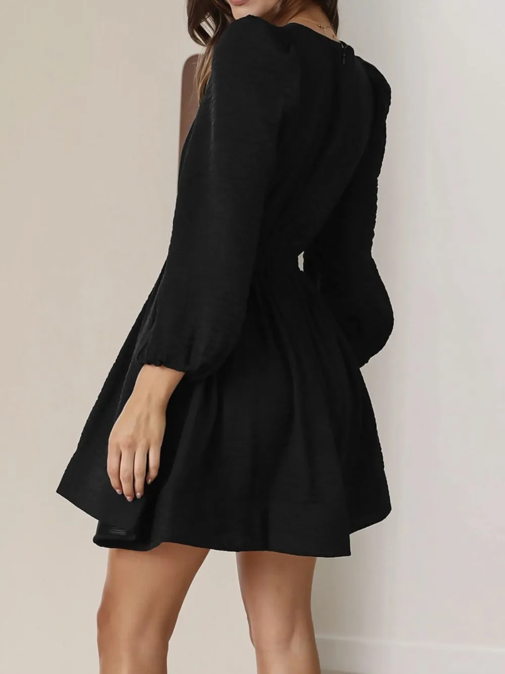 Ruched V-Neck Balloon Sleeve Mini Dress, image 17