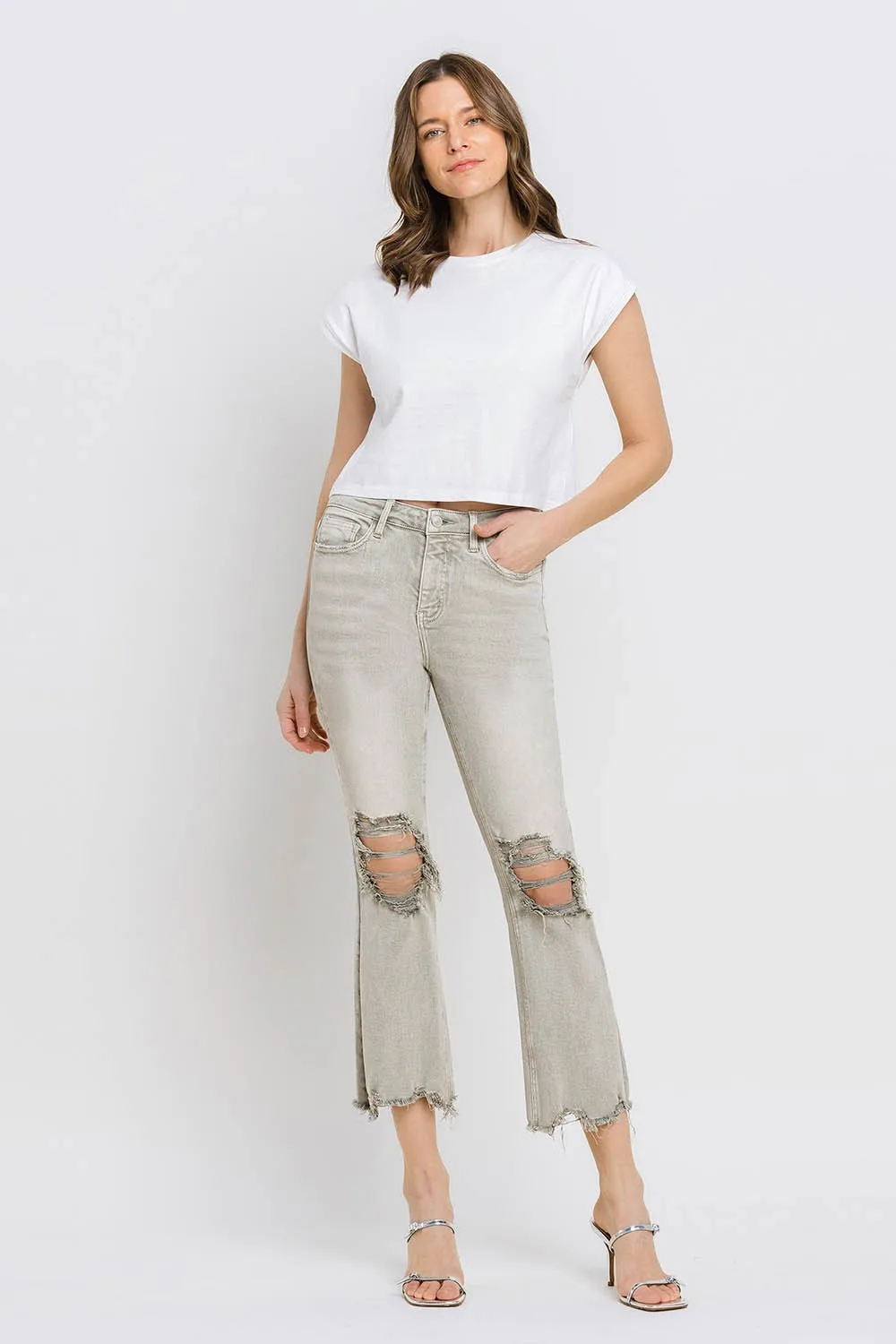 Distressed Raw Hem Cropped Flare Jeans, image 7
