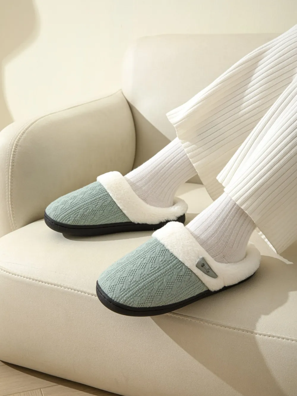 Horn Buckle Furry Texture Flat Slippers, image 19