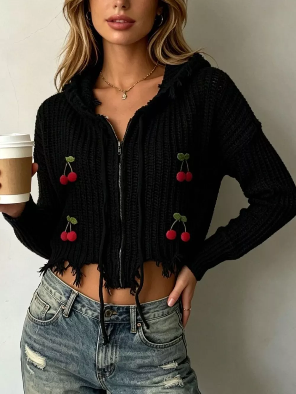 Cherry Knit Zip-Up Hooded Sweater, image 4
