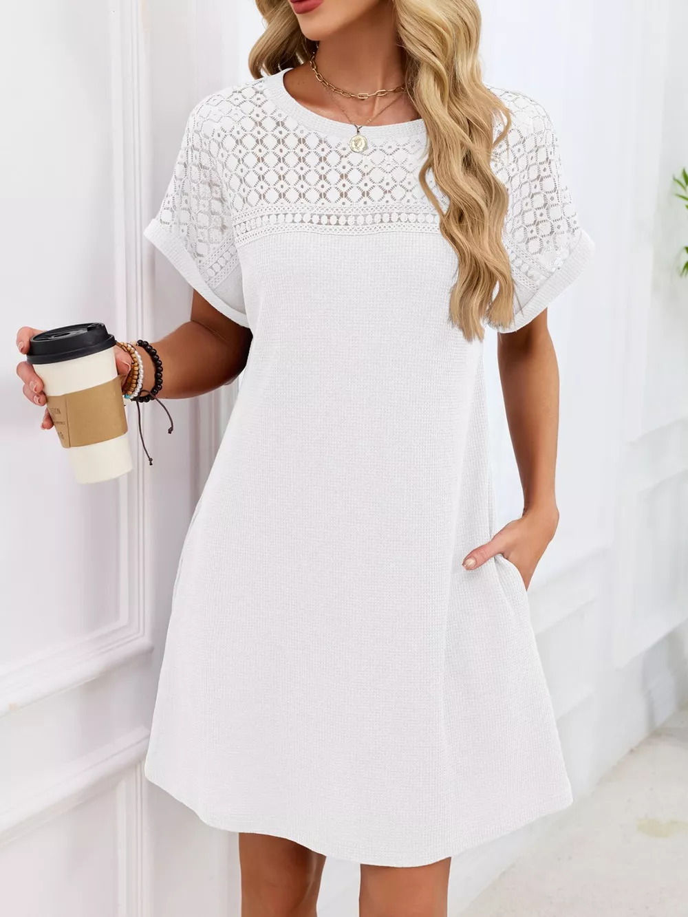 Lace Round Neck Short Sleeve T-Shirt Dress, image 20