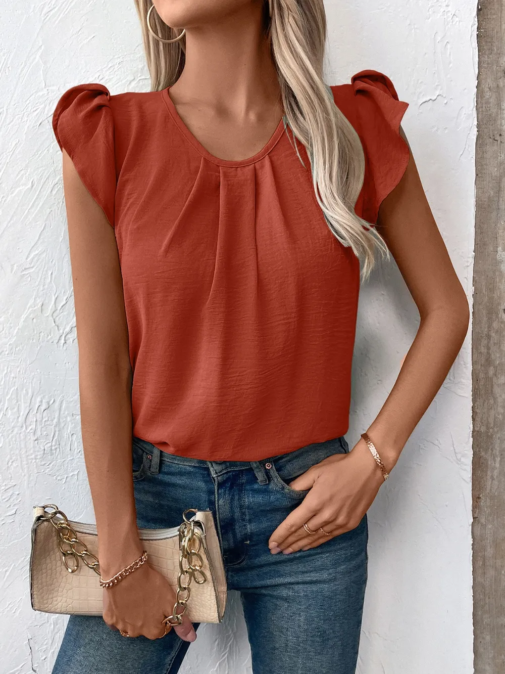 Ruched Round Neck Cap Sleeve Blouse, image 12