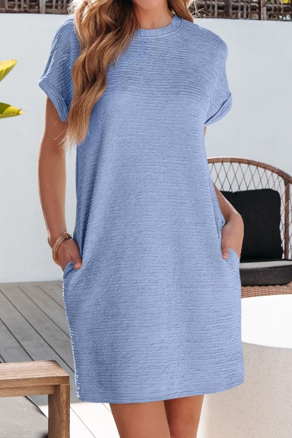 Solid Color Textured Crinkle Short Sleeve T Shirt Dress