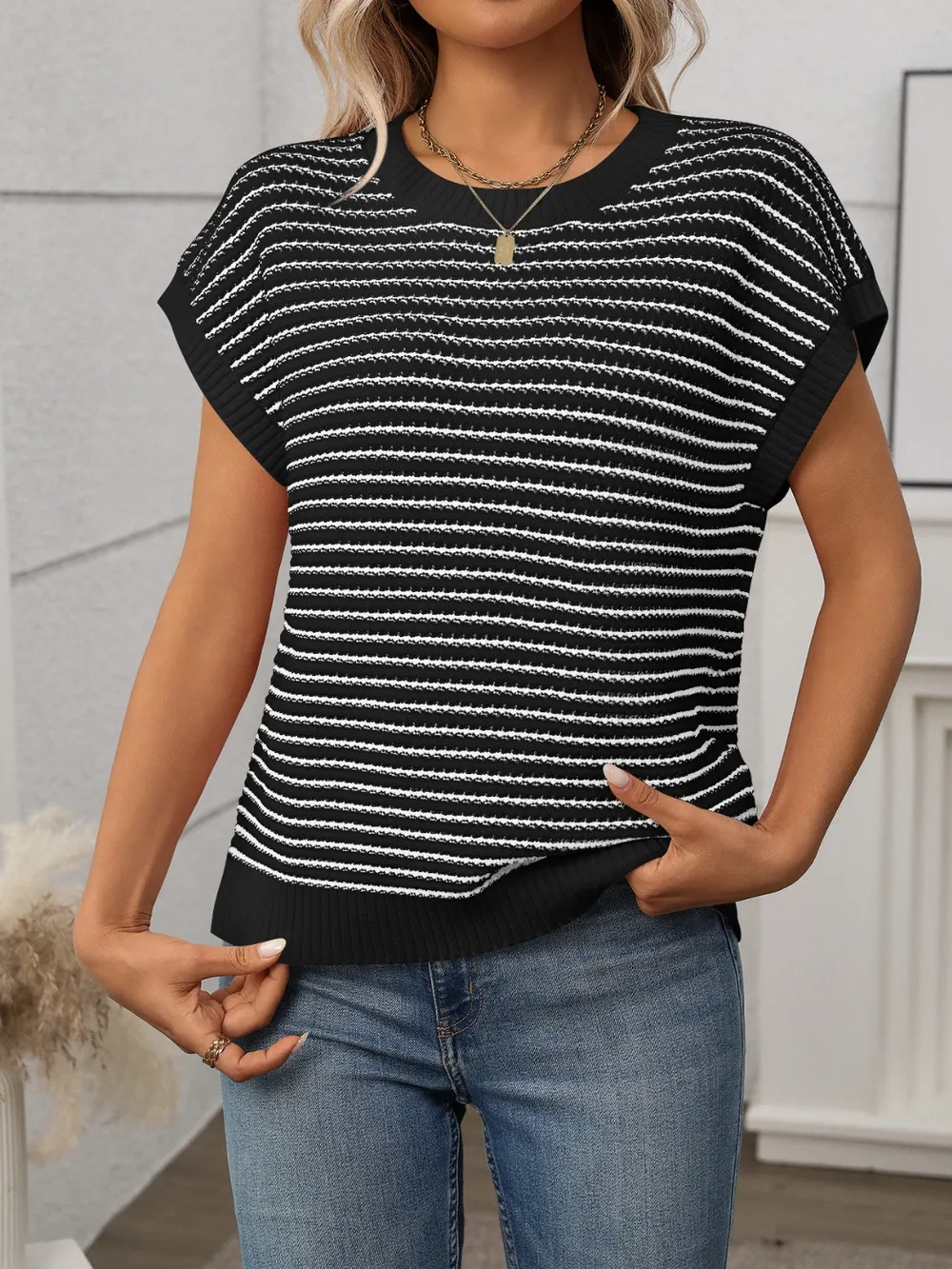 Striped Round Neck Short Sleeve Knit Top, image 15