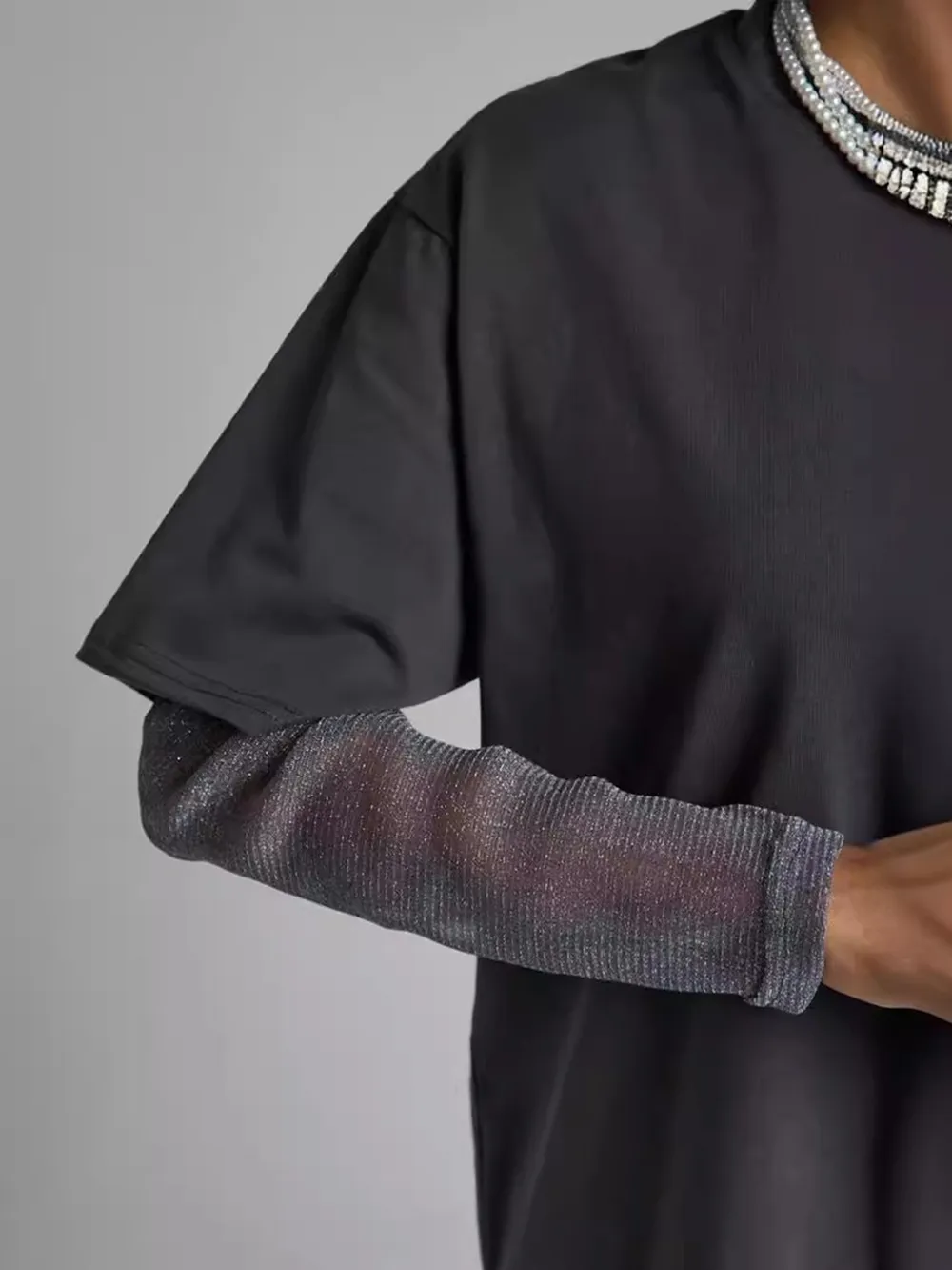Faux Layered Round Neck Mesh Sleeve Top, image 8