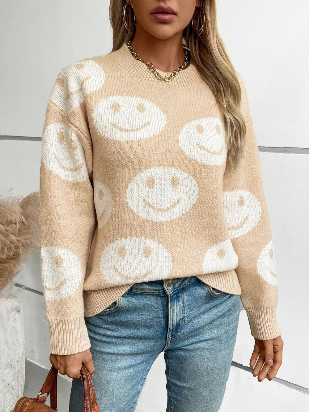 Smile Pattern Round Neck Long Sleeve Sweater, image 6