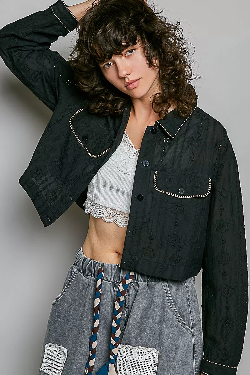 POL Cropped Button-Front Eyelet Cotton Jacket, image 5