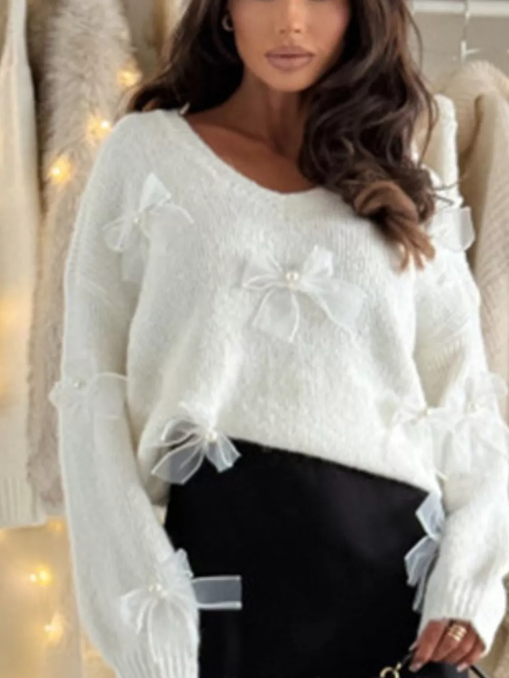 Bow-Decorated V-Neck Sweater, image 3
