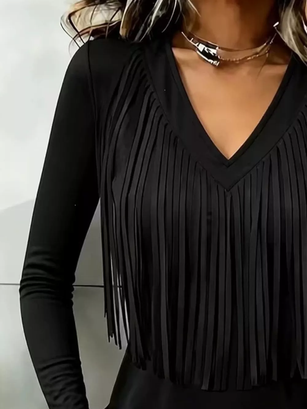 Fringe V-Neck Long Sleeve T-Shirt, image 4