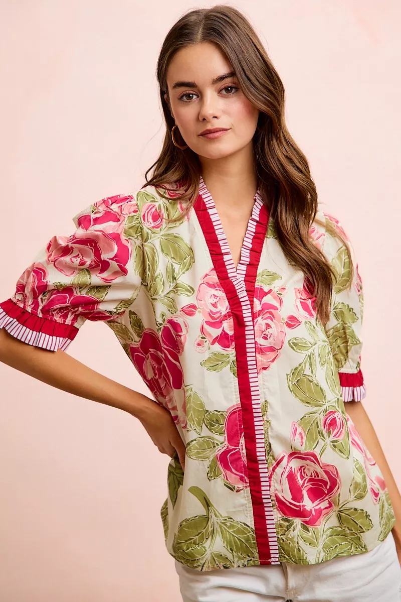 Floral Printed Woven Contrast Edge Ruffled Blouse, image 2