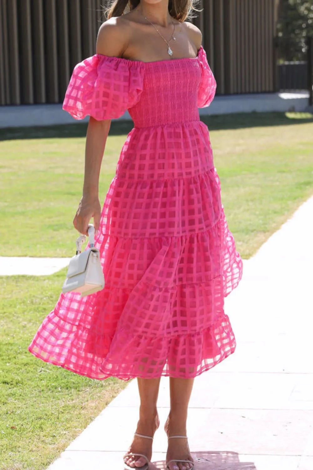 Off Shoulder Short Puff Sleeve Midi Dress, image 23