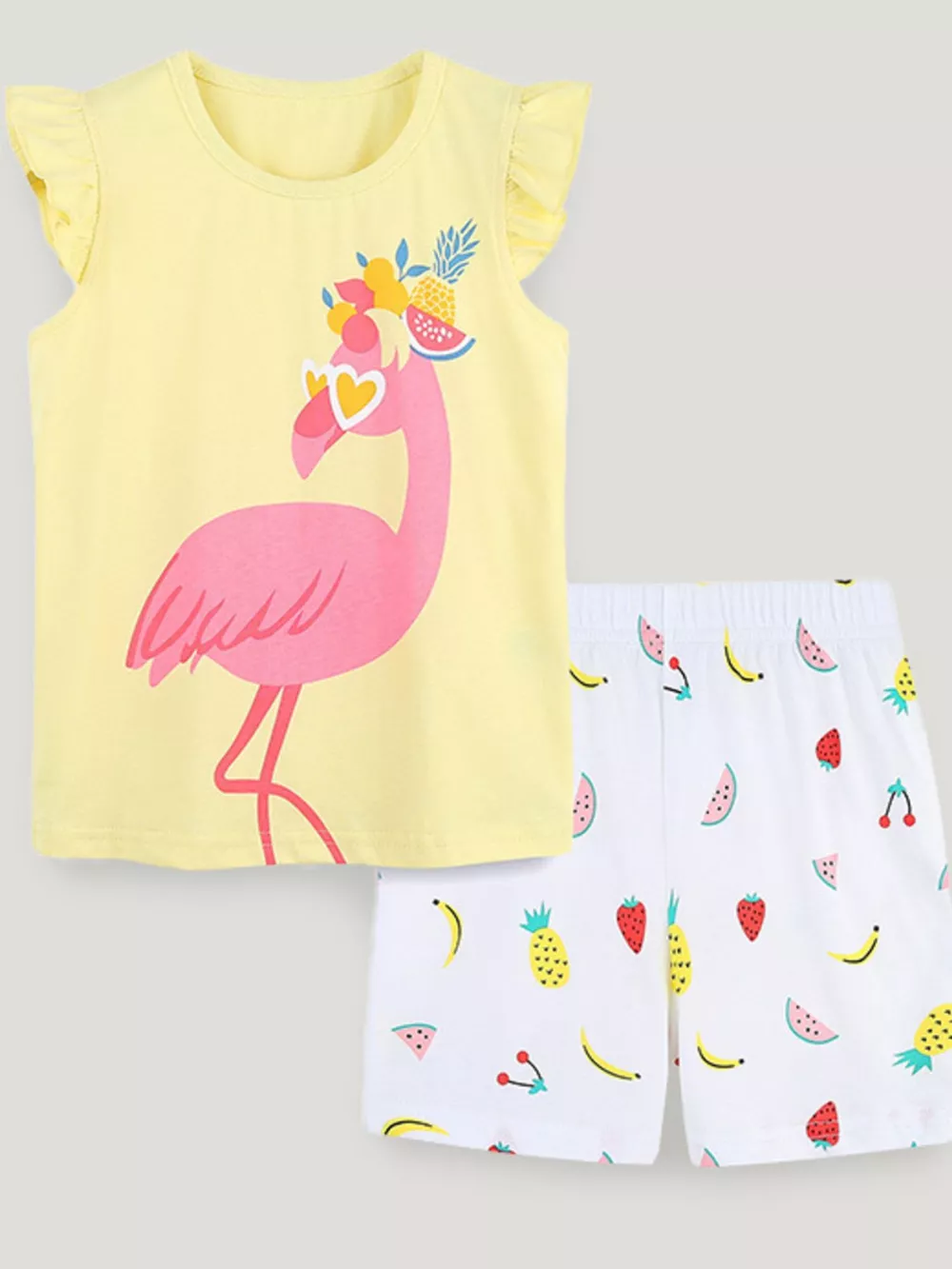 Children's Ruffled Flamingo Top and Fruit Print Shorts Set