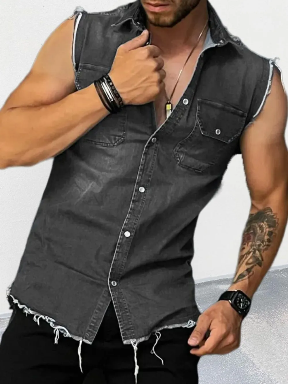 Men's Snap Down Sleeveless Denim Shirt, image 4