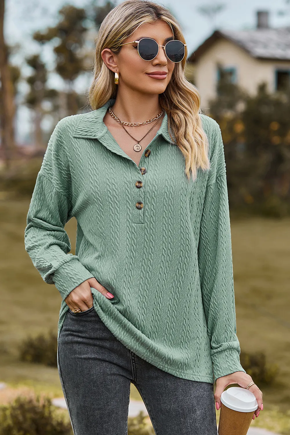 Half Button Dropped Shoulder Blouse, image 17