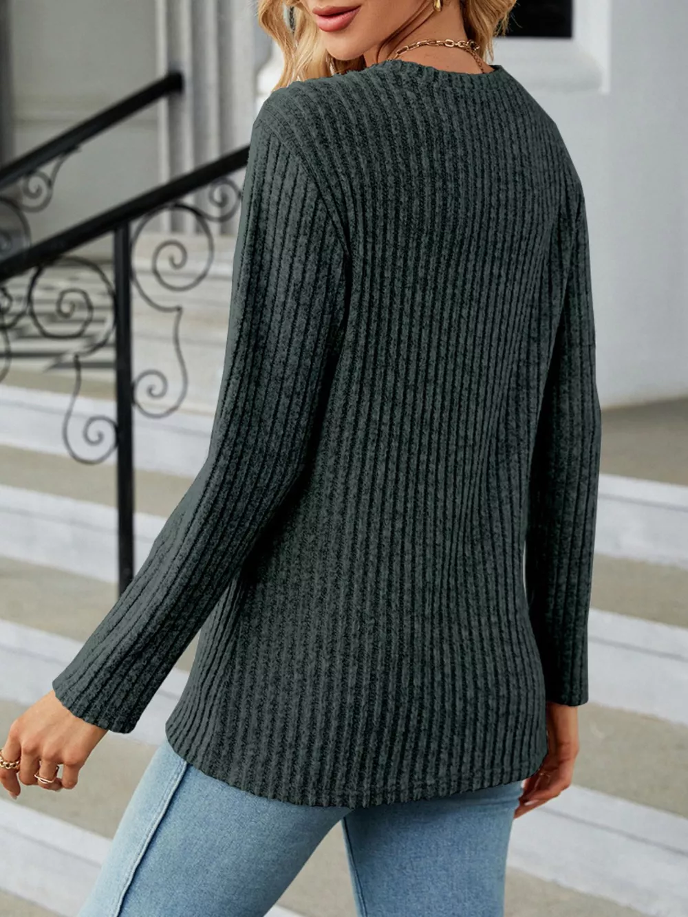 Ribbed Knit Decor Button T-Shirt, image 14