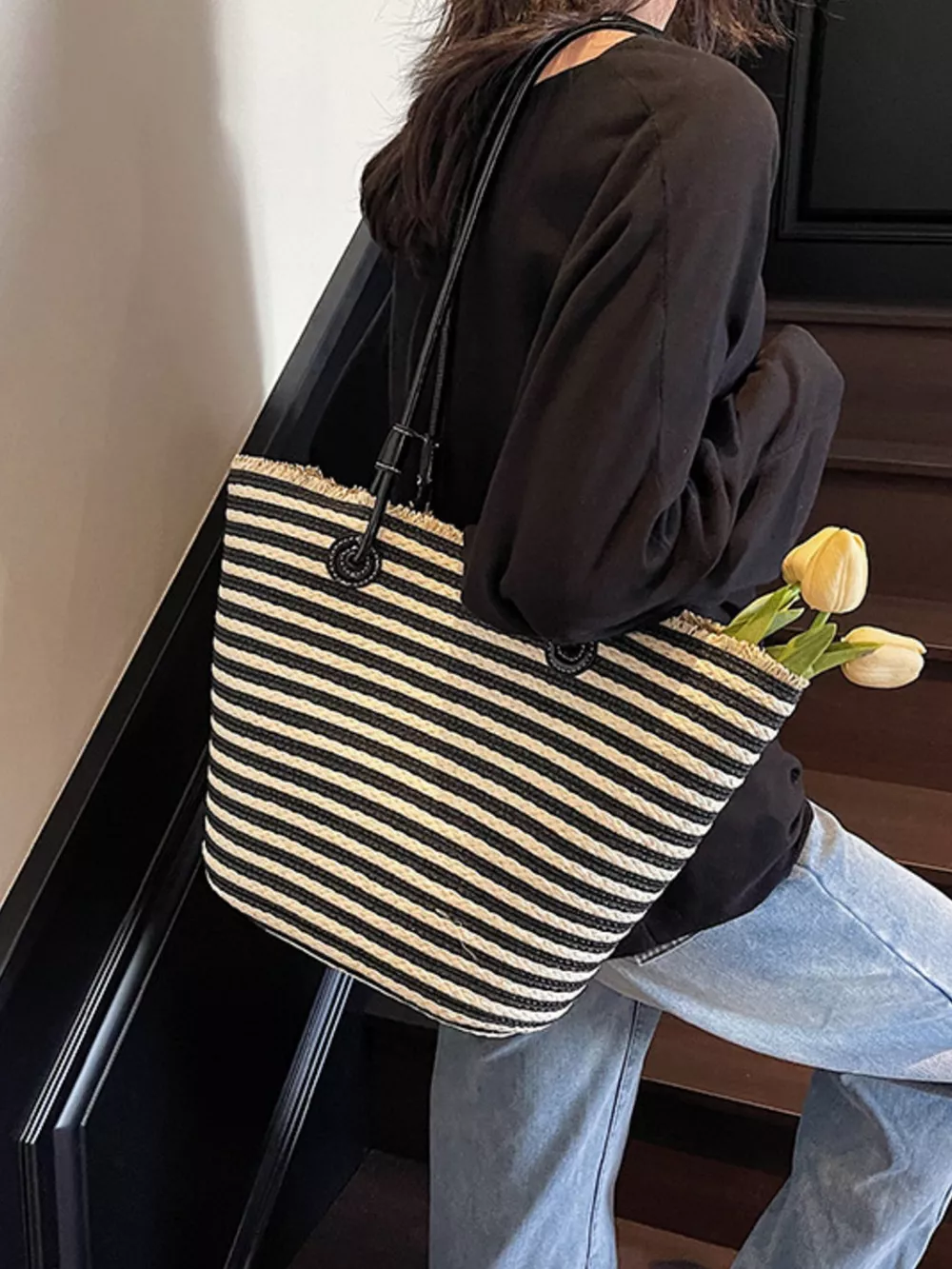 Striped Woven Straw Shoulder Bag