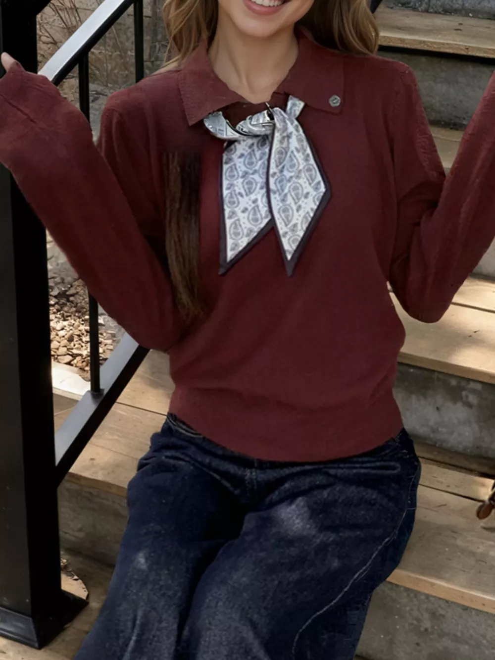 Scarf-Accented Long Sleeve Sweater, image 13