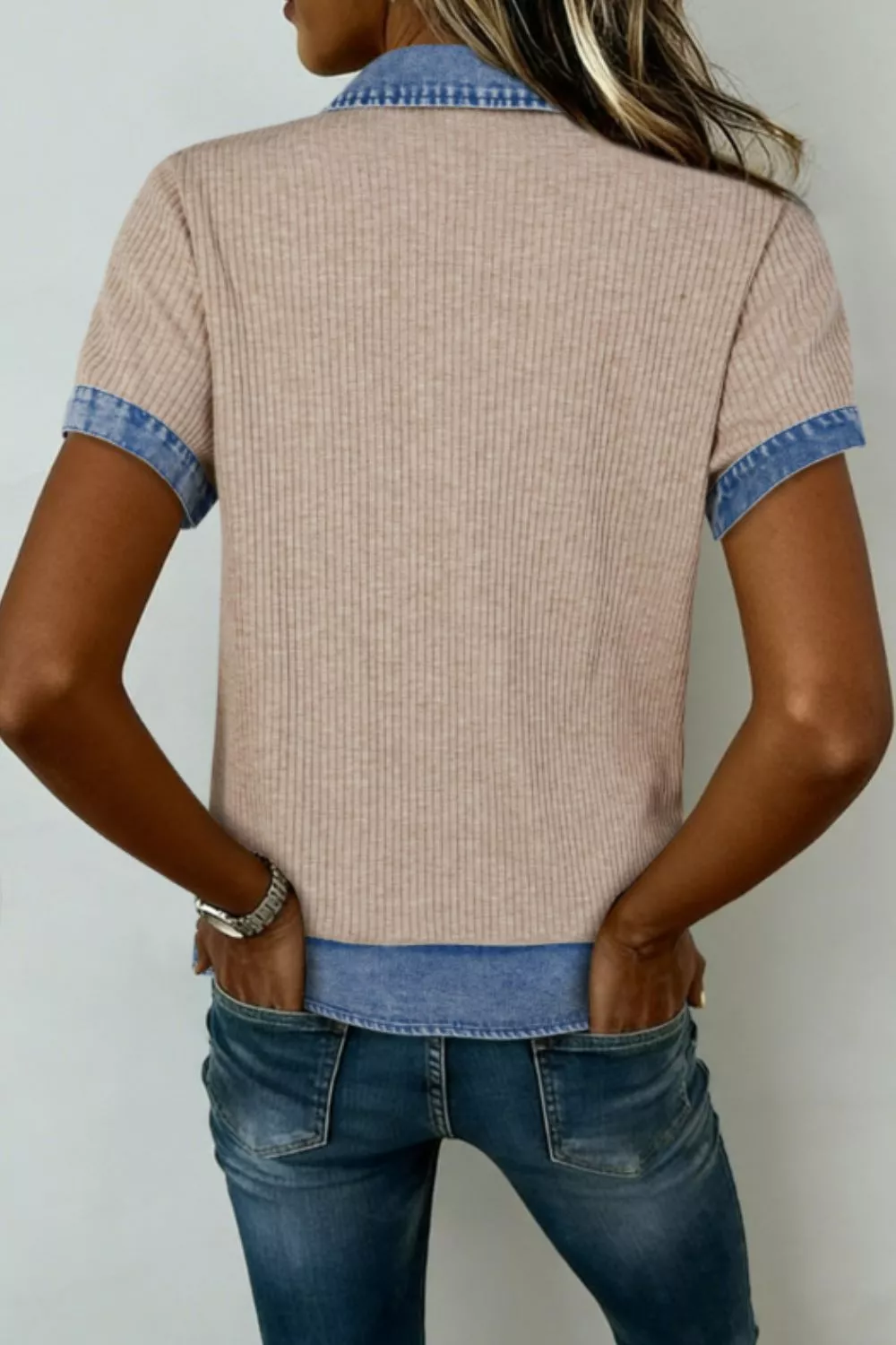 Ribbed Knit Contrast Denim Collar Top, image 2