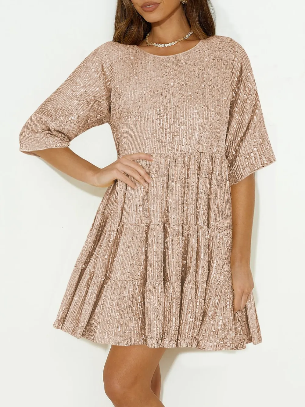 Sequin Round Neck Half Sleeve Mini Dress, image 25