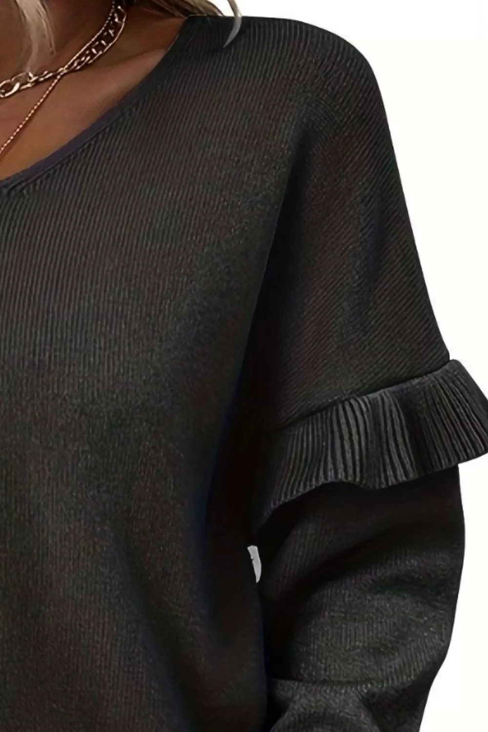 V-Neck Ruffle Trim Long Sleeve Sweater, image 9