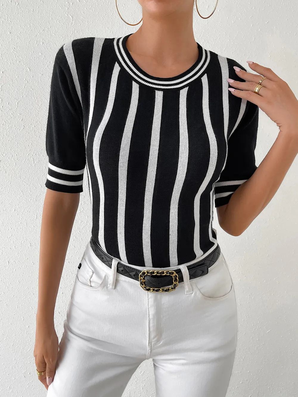 Striped Round Neck Half Sleeve Knit Top, image 4