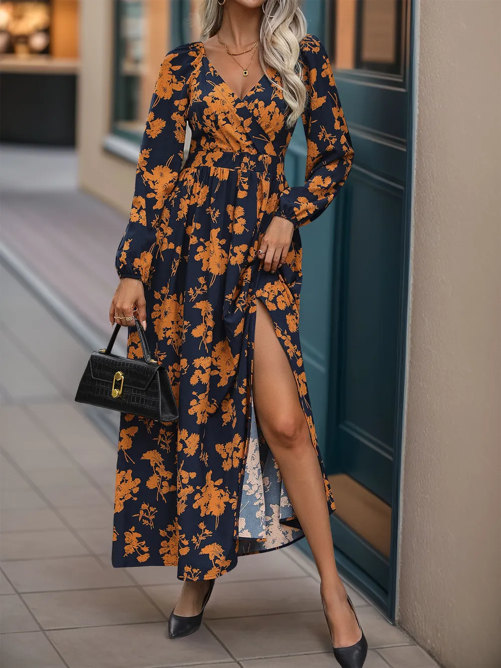 Split Printed Surplice Long Sleeve Midi Dress, image 5