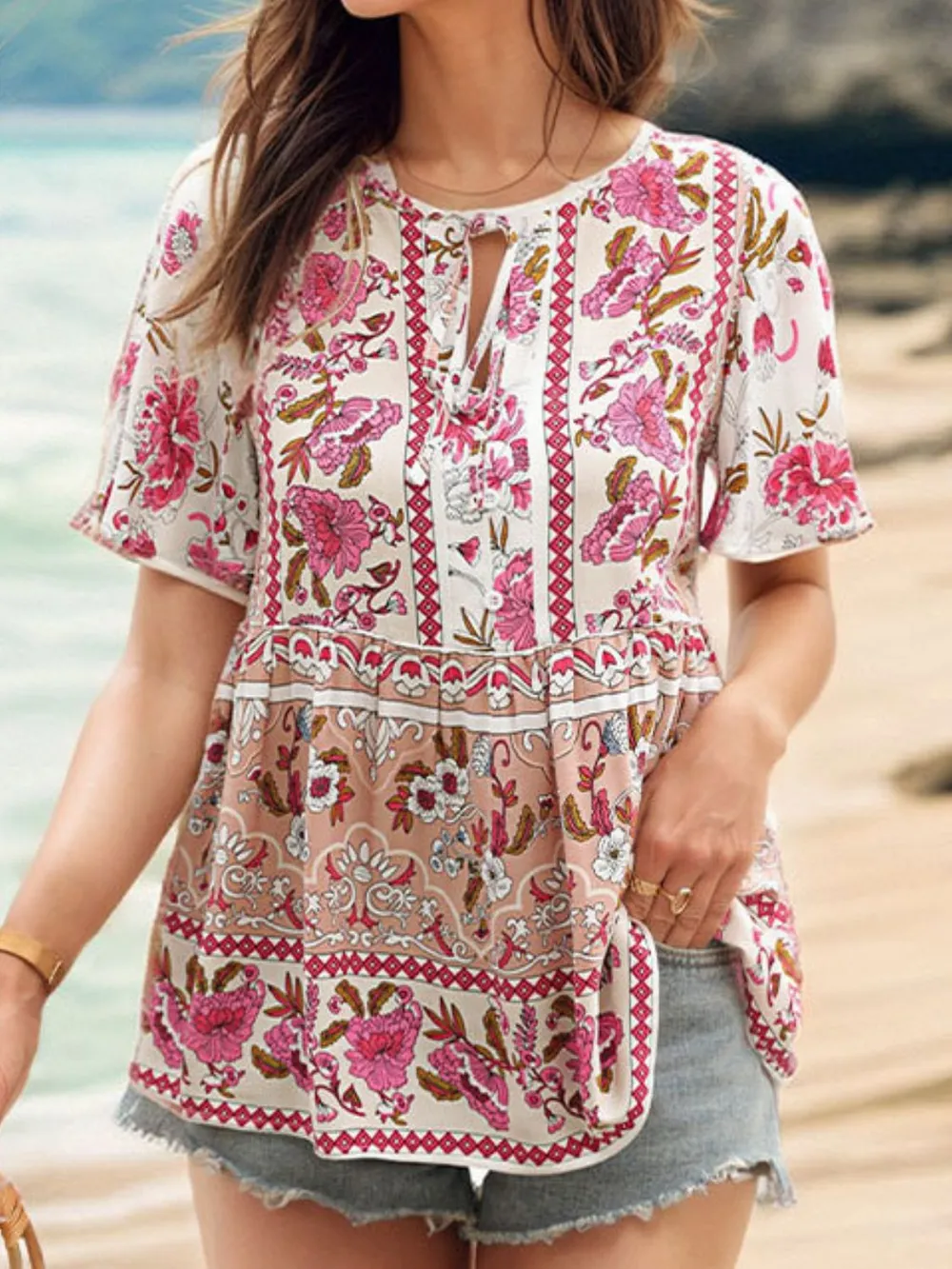 Floral Print Tie Neck Flutter Sleeve Blouse, image 9