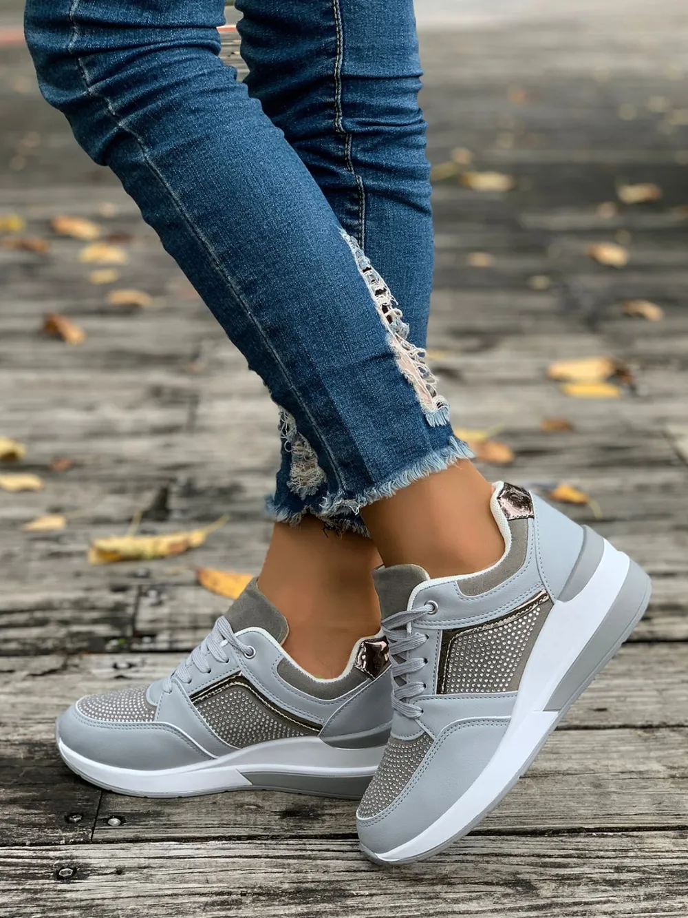 Lace-Up Rhinestone Wedge Sneakers, image 7