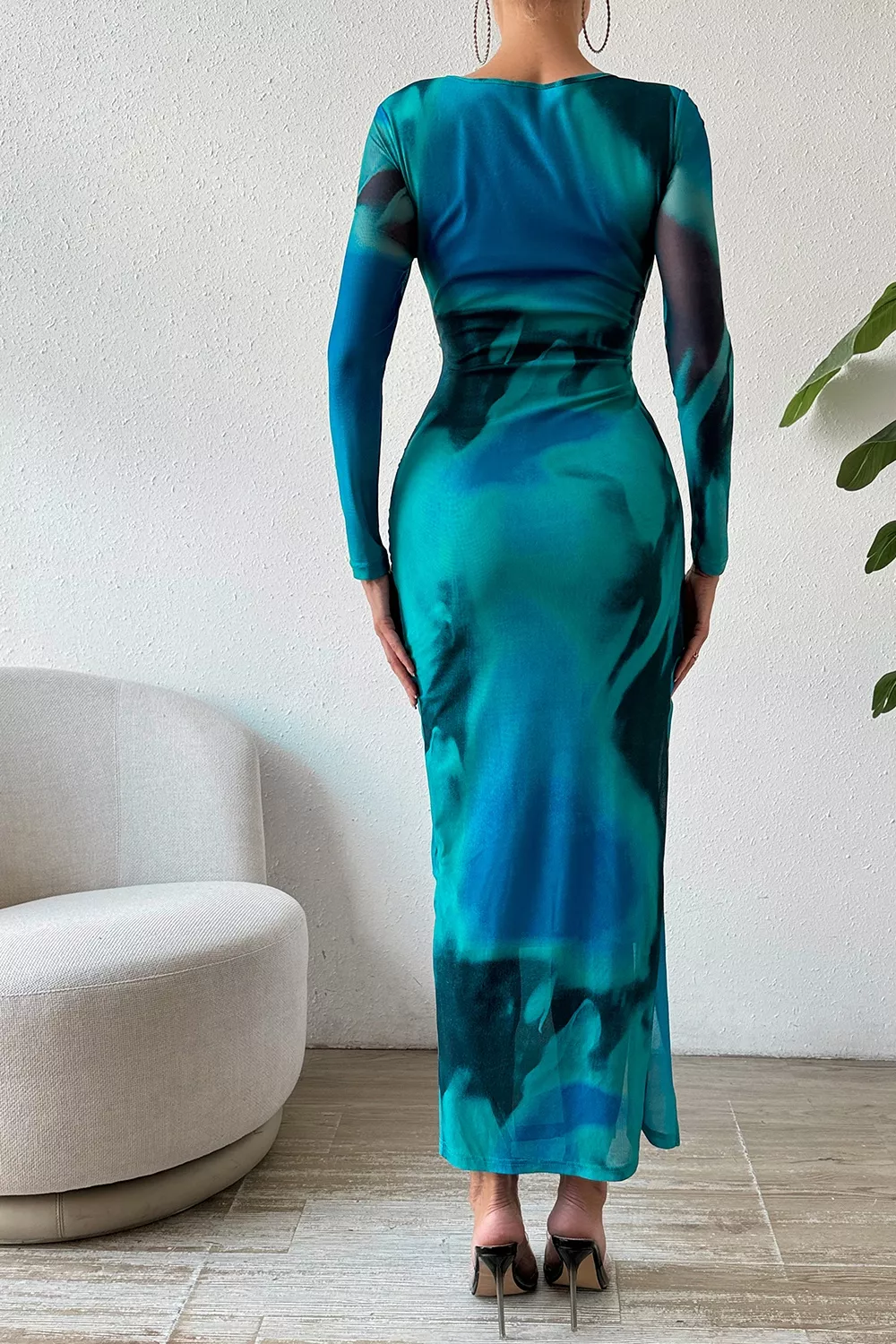 Ruched Tie-Dye Midi Dress with High Slit, image 3
