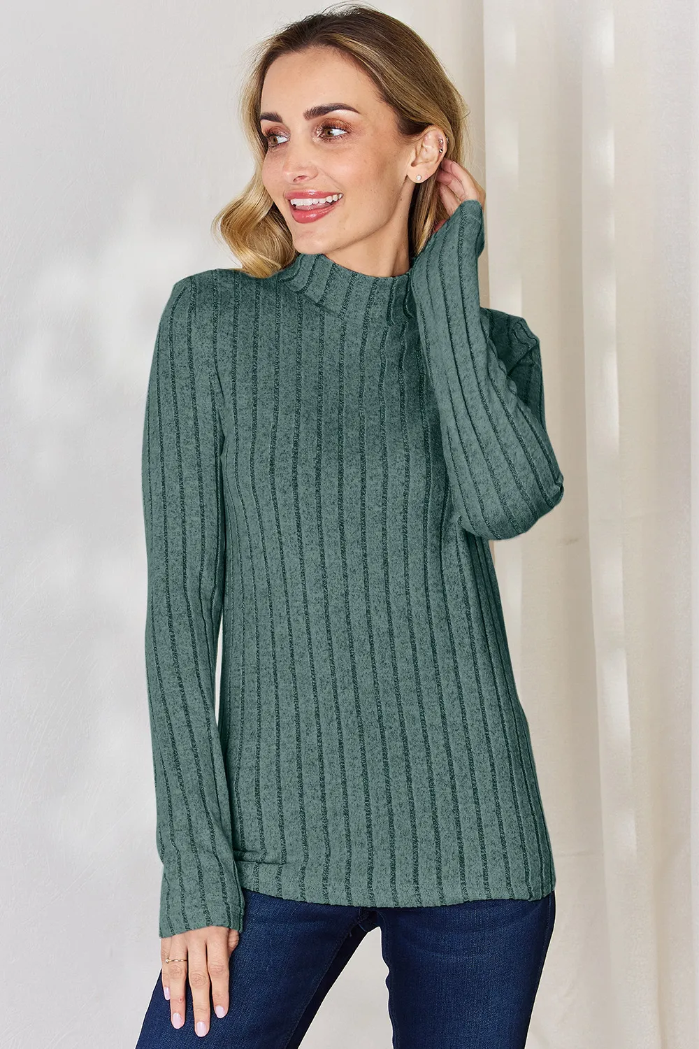 Full Size Ribbed Mock Neck Long Sleeve T-Shirt, image 25