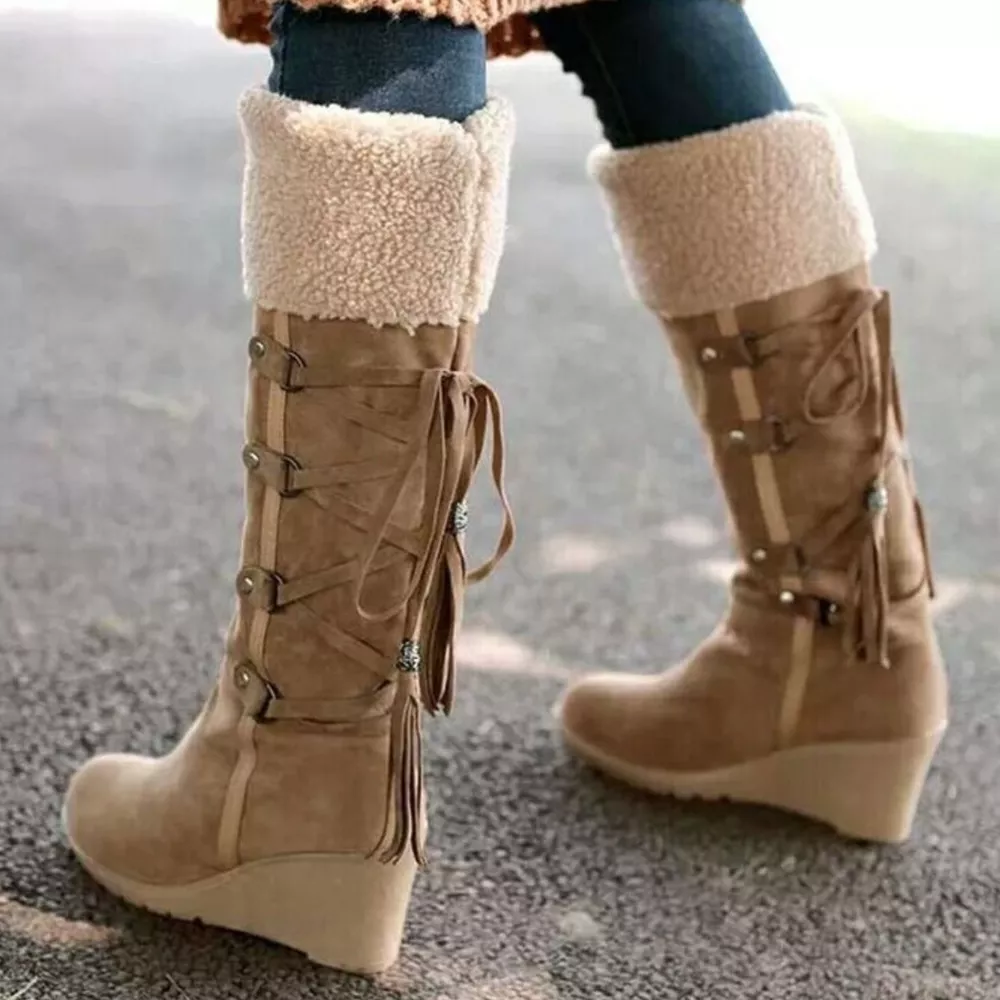 Suede Wedge Boots with Fur Cuff, image 9