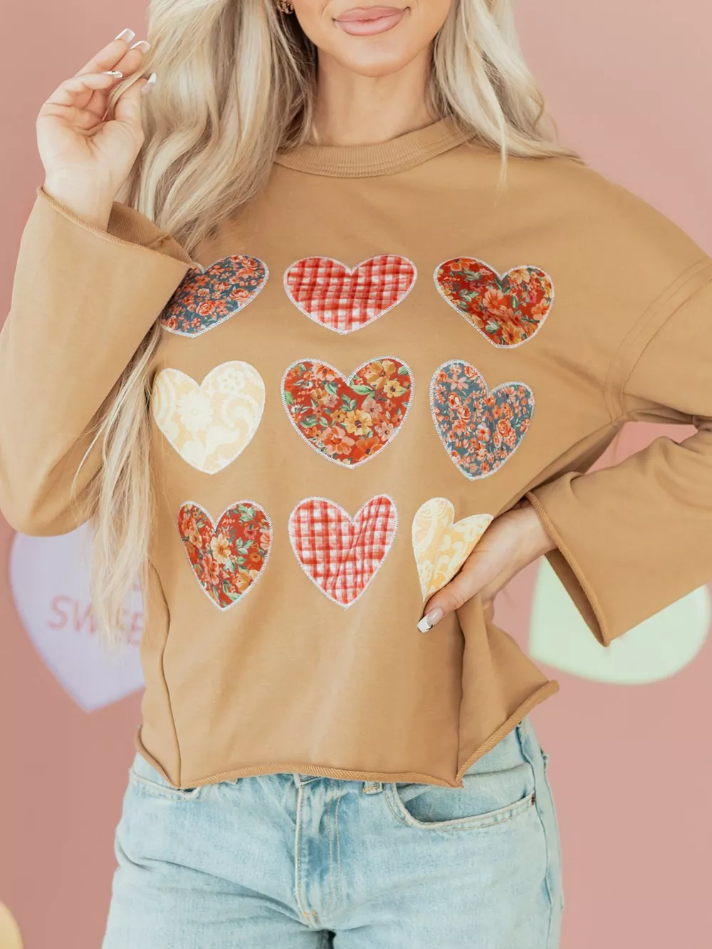 Plaid Floral Heart Stitched Exposed Seam Mineral Wash Sweatshirt, image 6