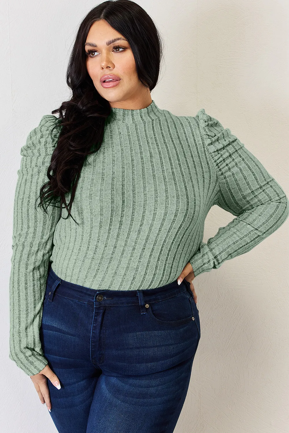 Full Size Ribbed Mock Neck Puff Sleeve T-Shirt, image 26