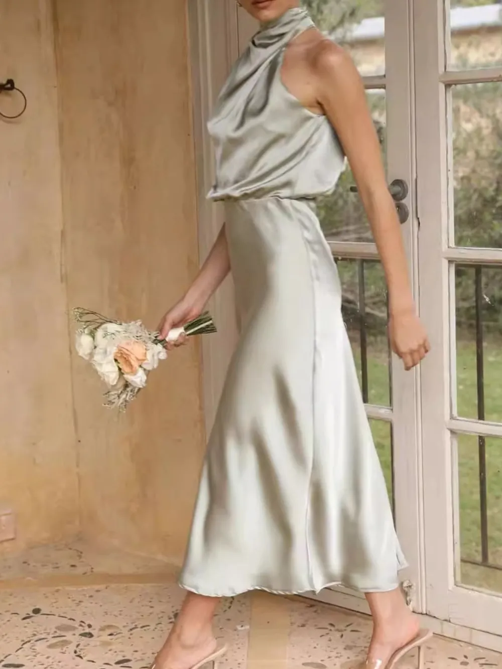 Asymmetrical Ruched Sleeveless Midi Dress, image 12