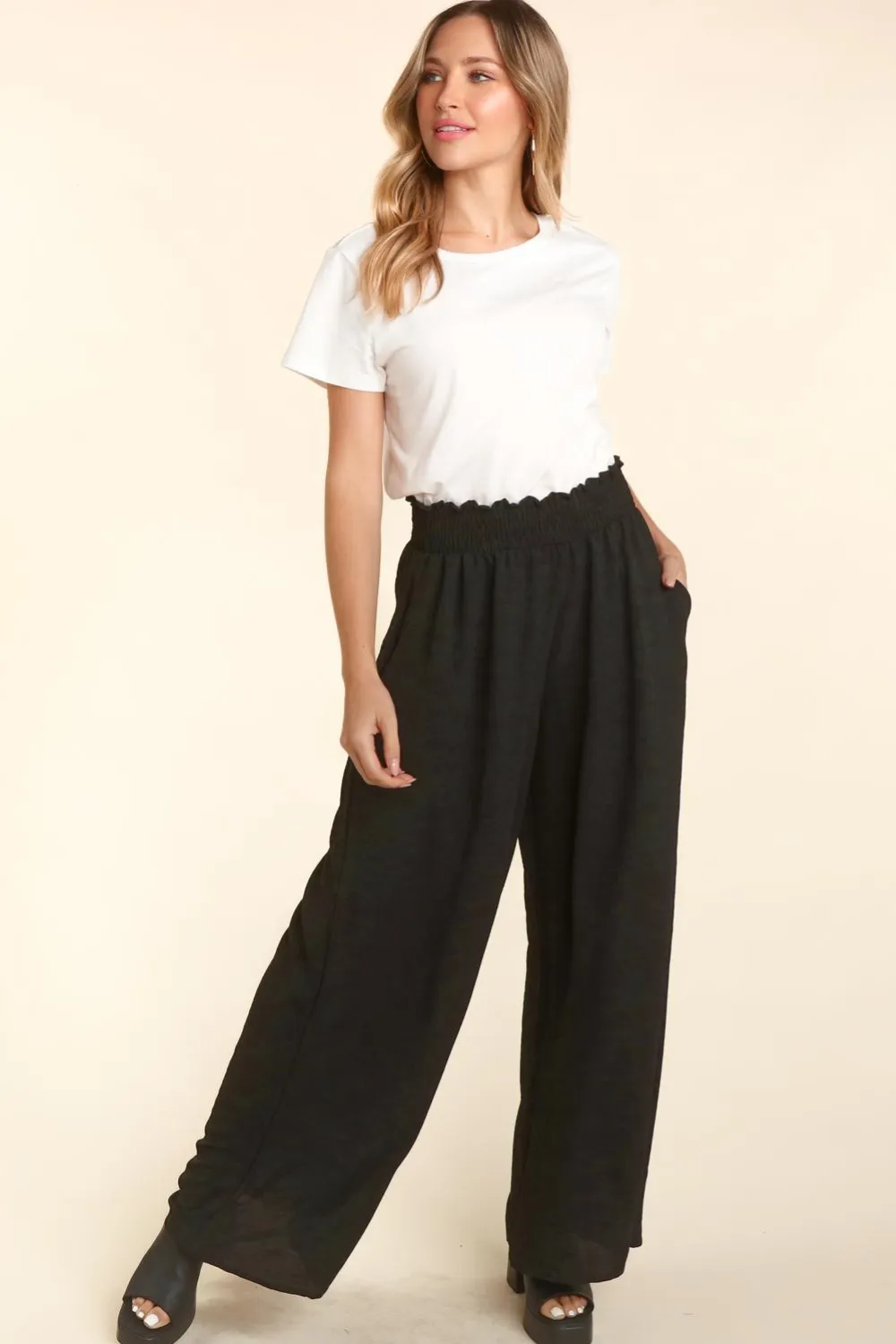 Elastic Waist Wide Leg Pants with Pockets, image 4