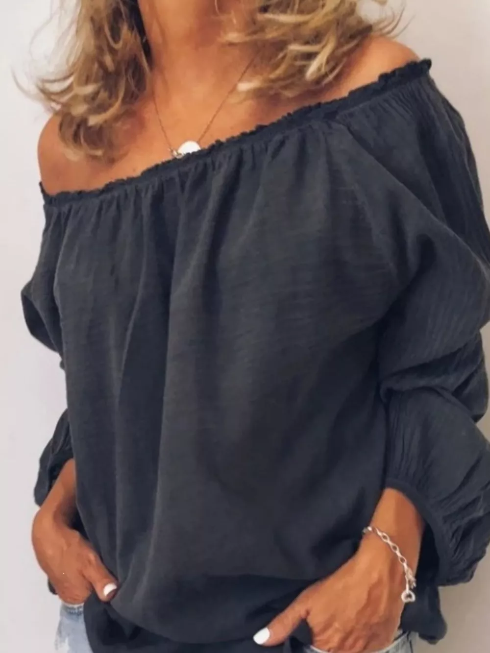 Off-Shoulder Frill Trim Blouse, image 6