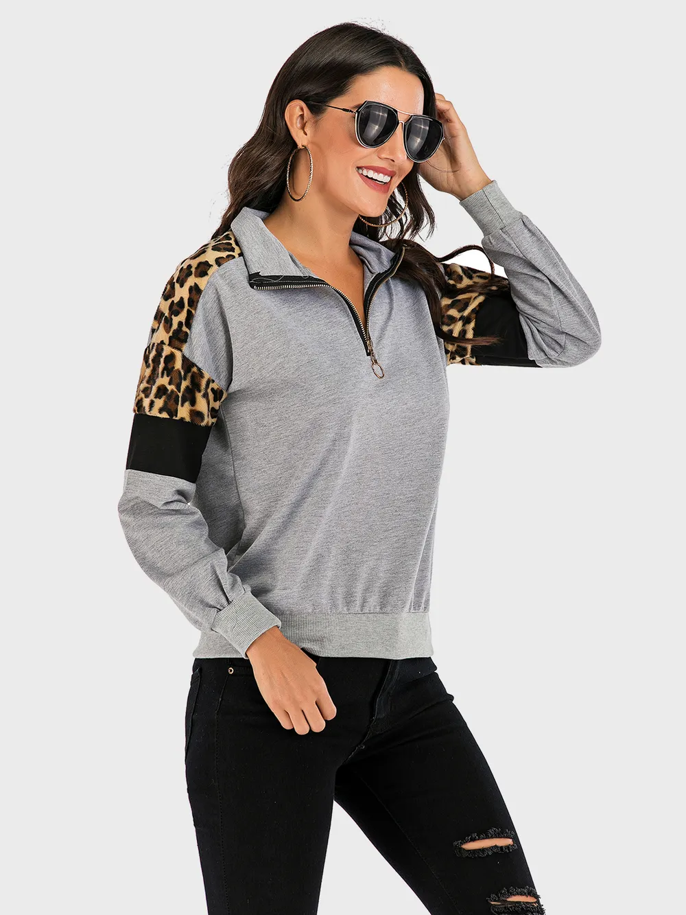 Contrast Leopard Half Zip Long Sleeve Sweatshirt, image 5