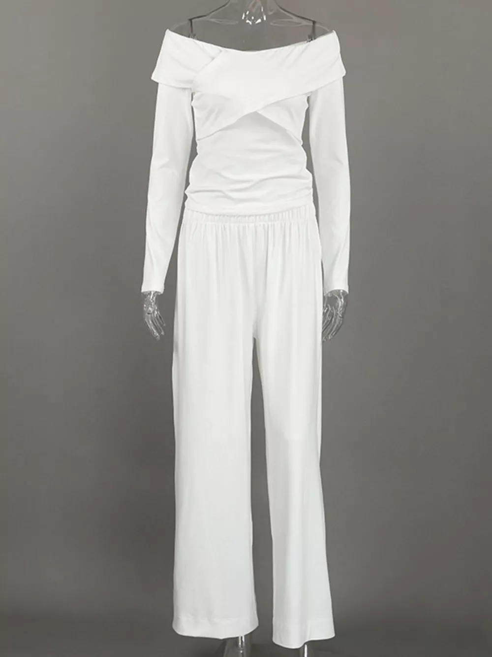 Off-Shoulder Long Sleeve Top and Wide-Leg Pants Set, image 5