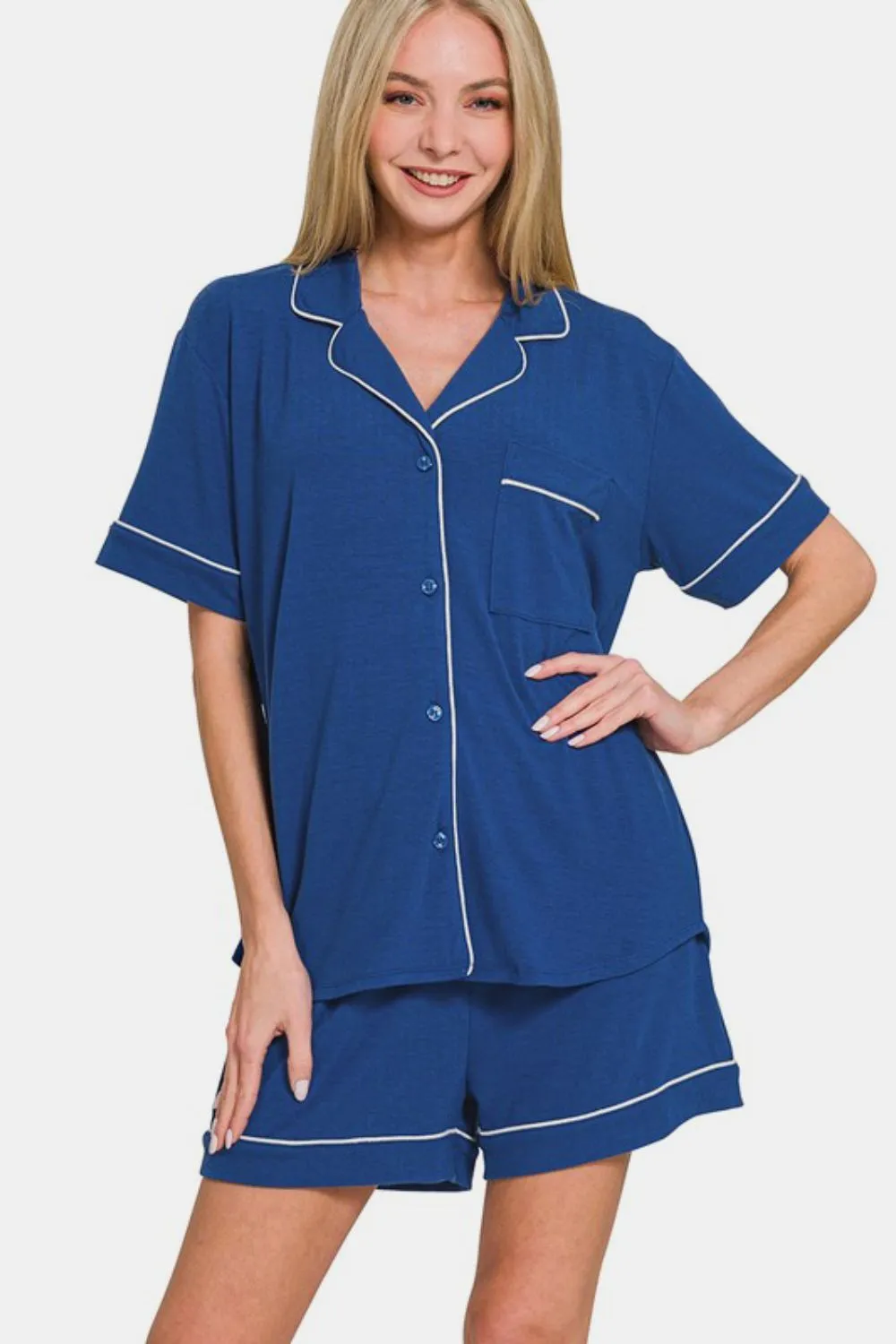 Button Down Short Sleeve Top and Shorts Lounge Set, image 2