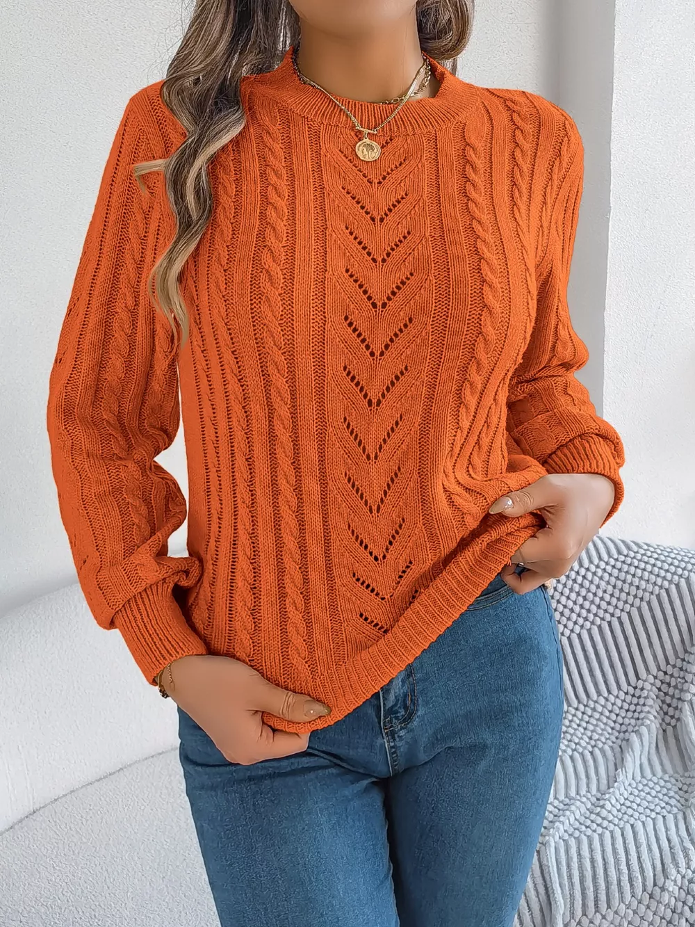 Cable-Knit Round Neck Sweater, image 2