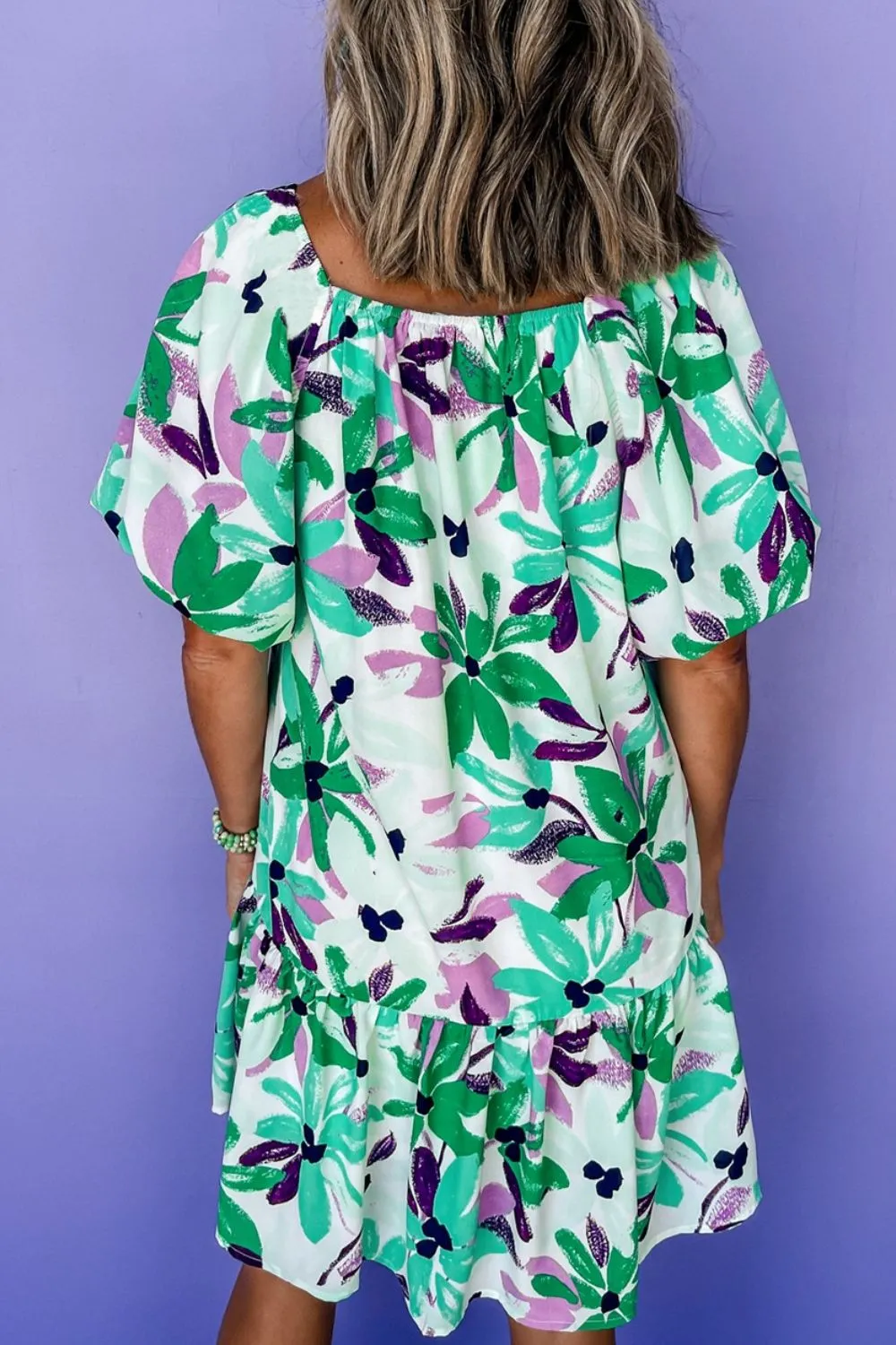 Floral Print Shirred Square Neck Loose Fit Mini Dress, image 13