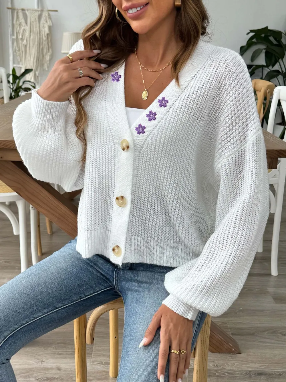 V-Neck Button Up Long Sleeve Cardigan, image 2