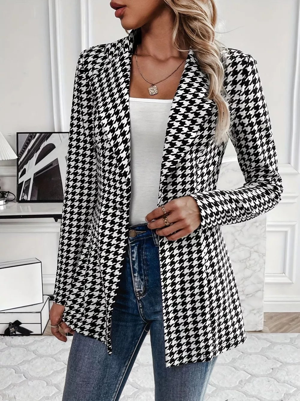 Houndstooth Print Lapel Collar Blazer, image 3