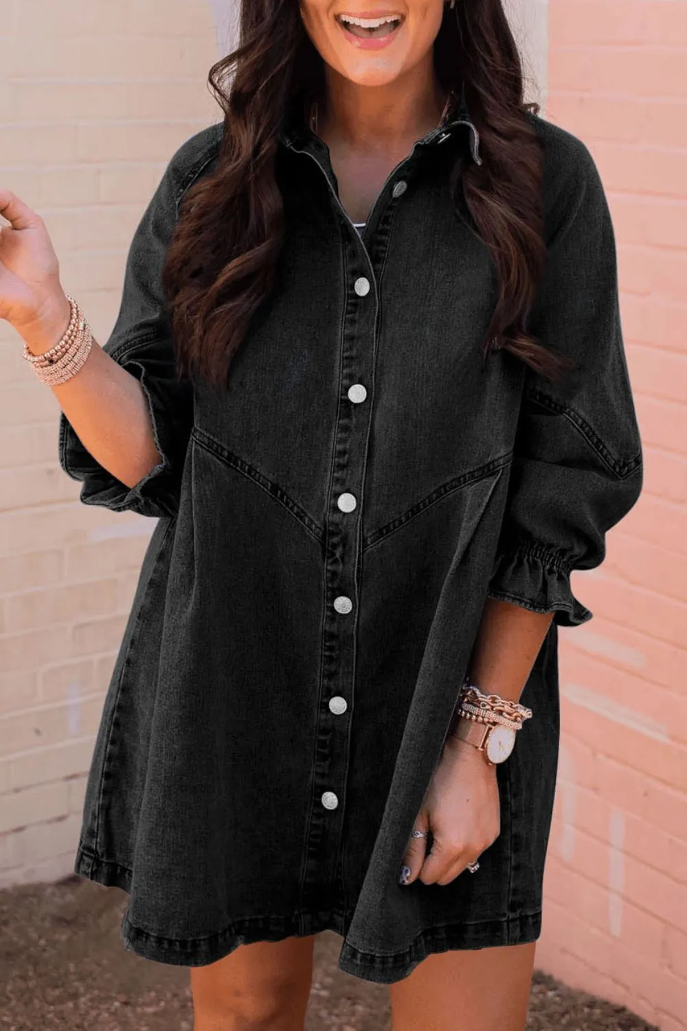 Distressed Collared Neck Flounce Sleeve Denim Dress, image 21