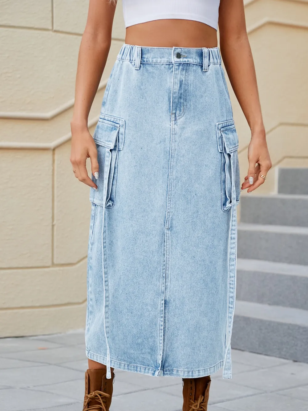 Slit Pocketed High Waist Denim Skirt, image 8