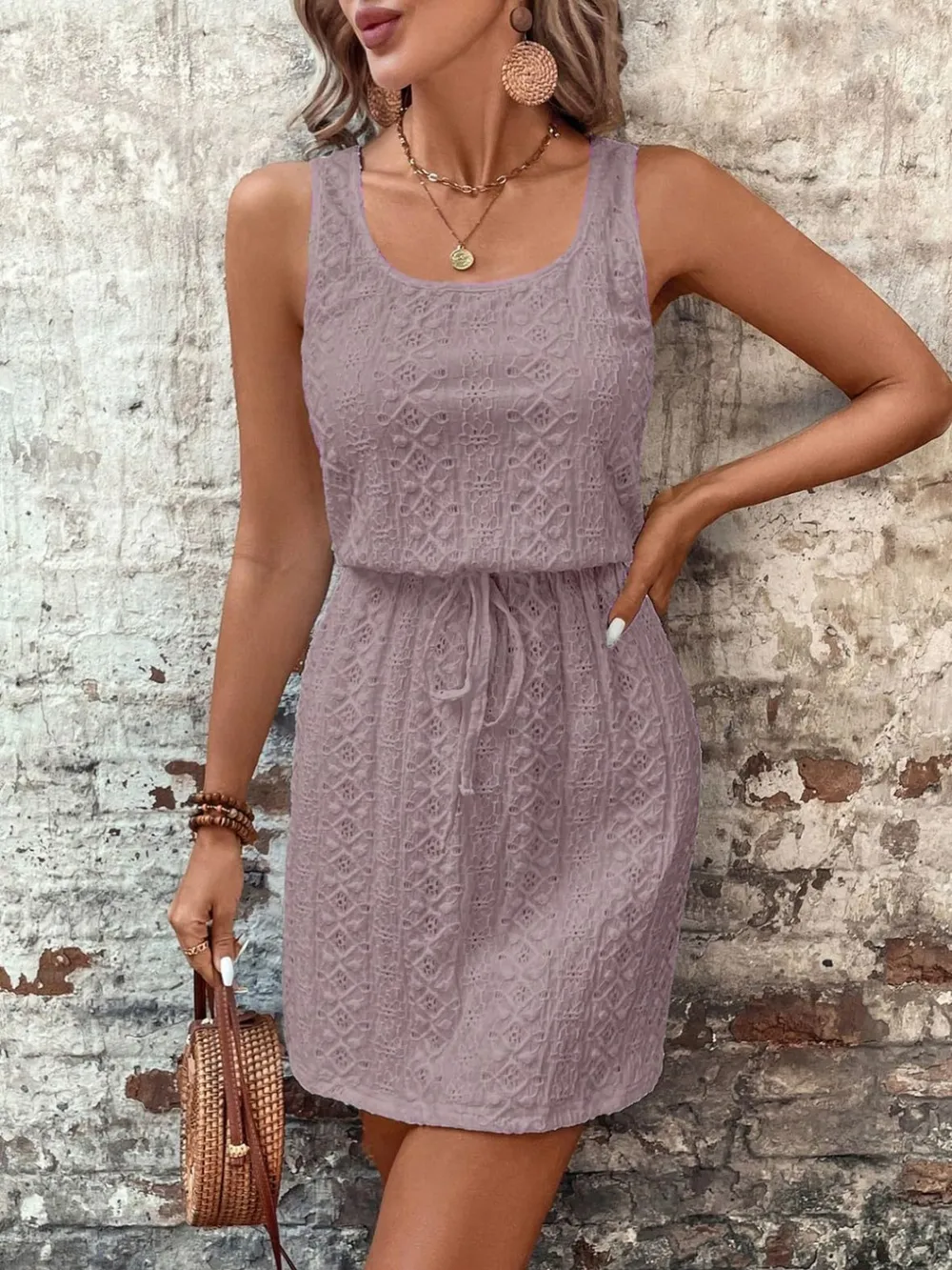Eyelet Drawstring Round Neck Sleeveless Dress, image 17