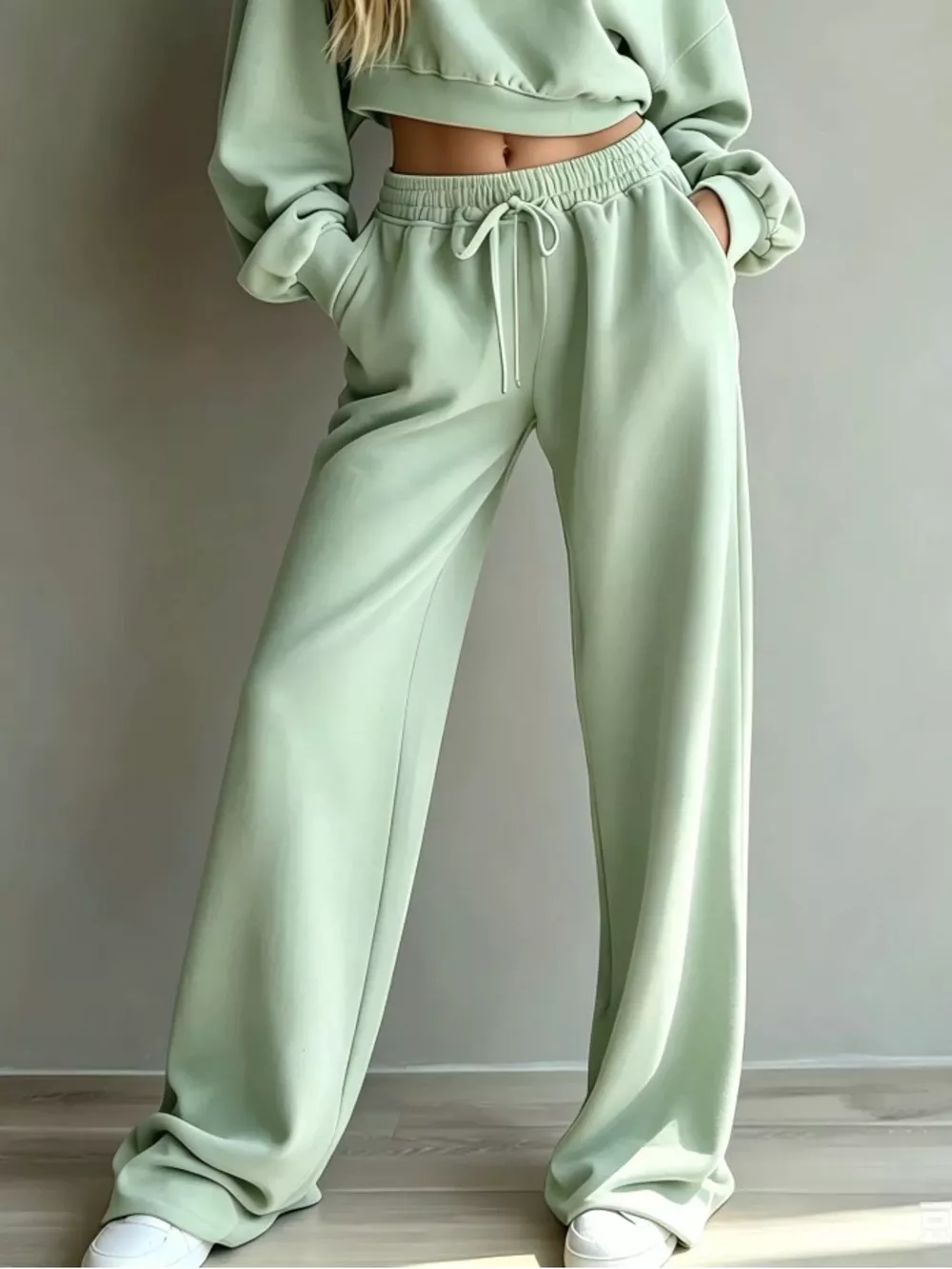 Round Neck Cropped Sweatshirt and Wide-Leg Pants Set, image 4